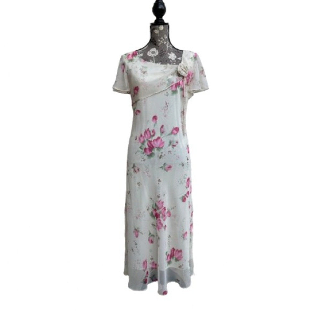 Dressbarn Women' 8 Ivory Cream Pink Floral Chiffon Short Sleeve Maxi Dress